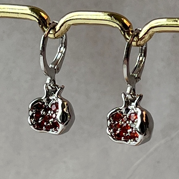 Persephone Greek Goddess Pomegranate Silver Hoop Handmade Earrings Red Zirconia - Picture 5 of 14